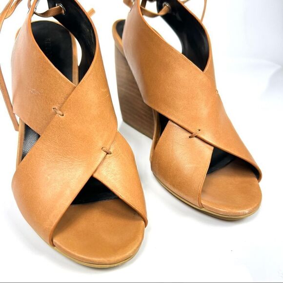 REBECCA MINKOFF Size 6 Eden Leather Criss Cross Curved Wedge Peep Toe Tan - Picture 5 of 10
